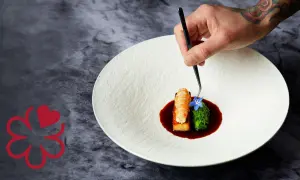 Un chef 3 estrellas Michelin decora un plato con langosta, brócoli y una flor azul.