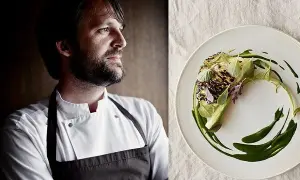 El chef con barba, posible mejor cocinero del mundo, mira a un lado de un plato con un delicado plato de verduras y salsa verde.