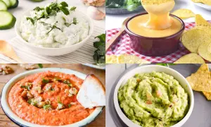 Cuatro dips: tzatziki, queso fundido, muhammara y guacamole. ¡Perfectos para dipear!