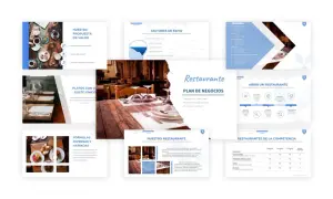 Presentación de un plan de negocio para restaurante, detallando propuesta de valor, platos, fórmulas, factores de éxito y competencia.