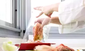 Manos con guantes introducen pollo en una bolsa para cocina al vacío.