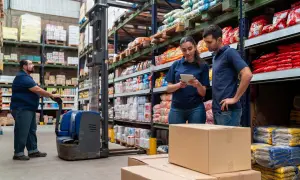 Trabajadores en un almacén revisan inventario en una tablet, gestionando el **cash and carry que es** un modelo de negocio eficiente.