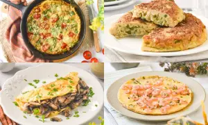 Cuatro tortillas originales para cenar: con tomate y hierbas, de patatas, de champiñones y de gambas.