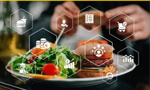 Plato de hamburguesa y ensalada con iconos que representan el **food service**: pedido, pago, cliente, gráfico y más.