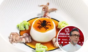 Un plato estrella Michelin con calamares y una esfera blanca con un pulpo negro. Un chef con gafas aparece en un círculo.