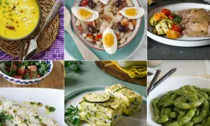 Platos saludables y variados, ideales para un coach de nutrición. Sopa de arroz, ensalada de legumbres, carne con verduras, pescado, lasaña de calabacín y edamame.