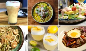 Un festín de la gastronomía de Perú: ceviche, causa, lomo saltado, arroz con mariscos y pisco sour.