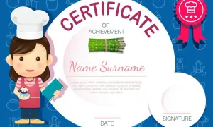 Certificado de cocina para un joven chef, con un cupcake y espárragos. ¡Un logro culinario!