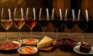 Degustación de vinos de pasto con jamón, gambas, queso y postre.