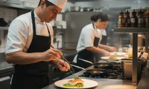 Chef emplatando un plato gourmet, parte del ciclo de cocina. Otro cocinero trabaja al fondo.