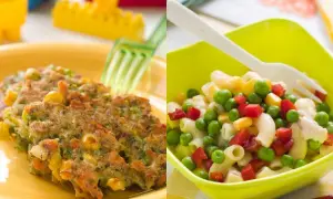 Tortitas de verduras y ensalada de pasta con guisantes y maíz, ideas de recetas con verduras para niños.