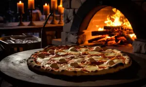 Pizza recién hecha, lista para disfrutar. El horno de leña, con su fuego crepitante, garantiza la temperatura y el tiempo perfectos para una masa crujiente y un queso fundido.