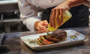 Chef finaliza plato de carne con guarnición. ¿Cuánto gana un cocinero en España? La pasión por la cocina se refleja en cada detalle.