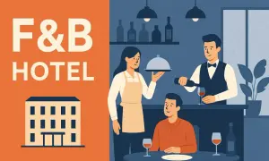 El servicio F&B que es en un hotel: camarera sirve plato, camarero sirve vino a cliente.