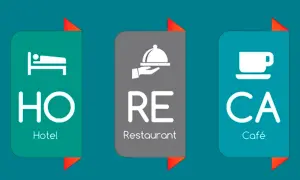 El sector HORECA (Hoteles, Restaurantes, Cafeterías) se representa con iconos: cama, plato servido y taza de café.