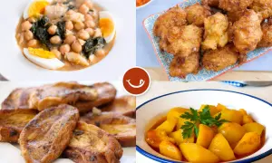 Cuatro platos típicos de comida Semana Santa: potaje de vigilia, buñuelos de bacalao, torrijas y patatas guisadas.