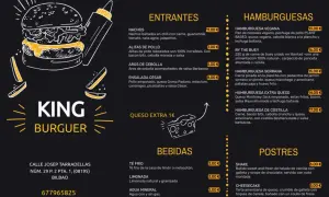 Menú de un restaurante King Burguer con entrantes, hamburguesas, bebidas y postres.
