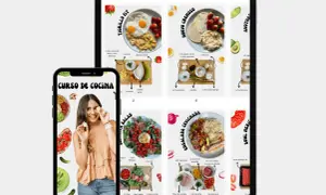 Mujer sonriente muestra huevos, rodeada de imágenes de recetas saludables. ¡Descubre cursos de cocina saludable y aprende a preparar platos deliciosos!