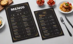 Dos elegantes menús negros con detalles dorados muestran diferentes tipos de menú, junto a un plato de pasta y un huevo frito.