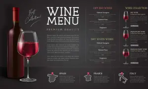 Una carta de vinos moderna con una botella y copa de vino tinto, mostrando variedades y orígenes.