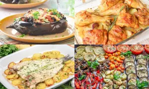 Variedad de recetas horno saludables: berenjena rellena, pollo asado con patatas, pescado al horno con patatas y verduras asadas.