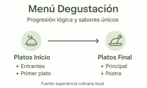 Ilustración de un menú degustación con platos de inicio (entrantes, primer plato) y platos finales (principal, postre), mostrando una progresión lógica.