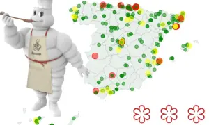El muñeco Michelin prueba la gastronomía española. El mapa muestra cuántos restaurantes con estrella Michelin hay en España, con puntos verdes, amarillos y rojos.