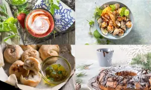 Cuatro imágenes de comida: batido de fresa, almejas, panecillos con aceite y bizcocho de chocolate. ¡Perfecto para aprender a cocinar!