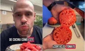 Hombre muestra cómo partir un tomate para una ensalada.