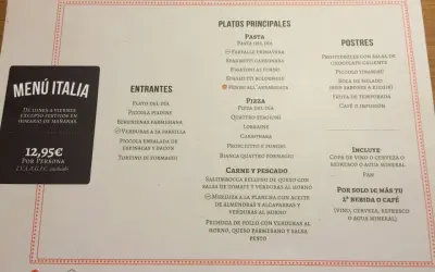 Menú de comida de restaurantes italianos con entrantes, platos principales, postres y bebidas incluidas.