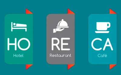 El sector HORECA (Hoteles, Restaurantes, Cafeterías) se representa con iconos: cama, plato servido y taza de café.