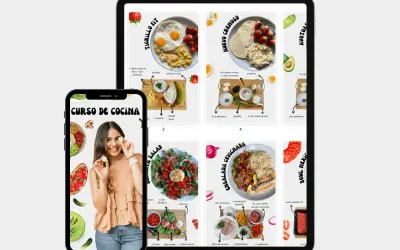 Mujer sonriente muestra huevos, rodeada de imágenes de recetas saludables. ¡Descubre cursos de cocina saludable y aprende a preparar platos deliciosos!