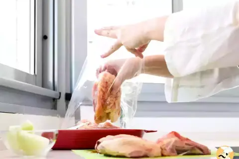 Manos con guantes introducen pollo en una bolsa para cocina al vacío.