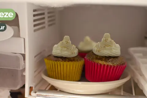 Dos magdalenas con glaseado blanco y canela, en sus envoltorios amarillo y rosa, están en el congelador. ¡Las magdalenas se pueden congelar!