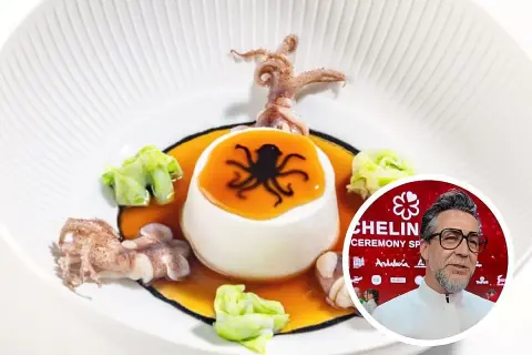 Un plato estrella Michelin con calamares y una esfera blanca con un pulpo negro. Un chef con gafas aparece en un círculo.