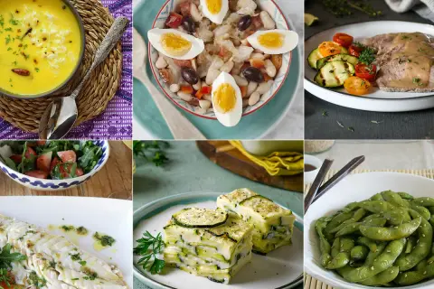 Platos saludables y variados, ideales para un coach de nutrición. Sopa de arroz, ensalada de legumbres, carne con verduras, pescado, lasaña de calabacín y edamame.