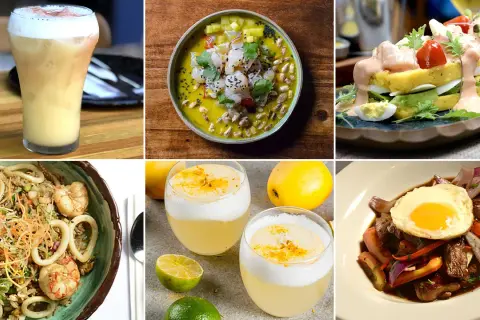 Un festín de la gastronomía de Perú: ceviche, causa, lomo saltado, arroz con mariscos y pisco sour.