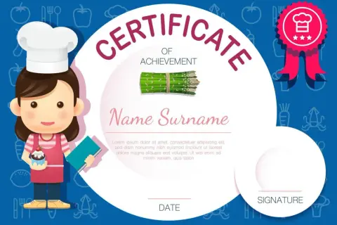 Certificado de cocina para un joven chef, con un cupcake y espárragos. ¡Un logro culinario!