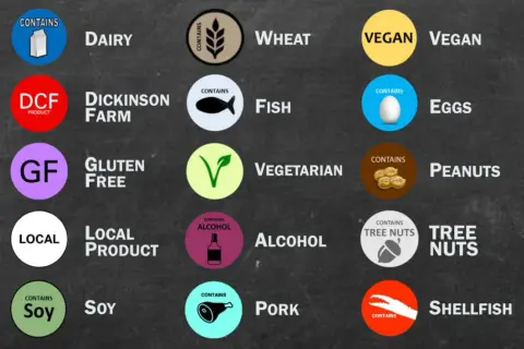 Iconos de una carta de alergenos: lácteos, trigo, vegano, huevos, pescado, cacahuetes, gluten, vegetariano, frutos secos, alcohol, soja, marisco, local, DCF.