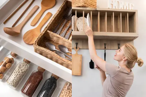 Organización en el departamento de cocina: cajón con utensilios de madera y cestas, y estante de madera con platos y una mujer.