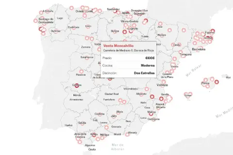 Mapa de España con estrellas Michelin y un cuadro de diálogo de restaurante.