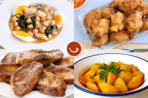 Cuatro platos típicos de comida Semana Santa: potaje de vigilia, buñuelos de bacalao, torrijas y patatas guisadas.