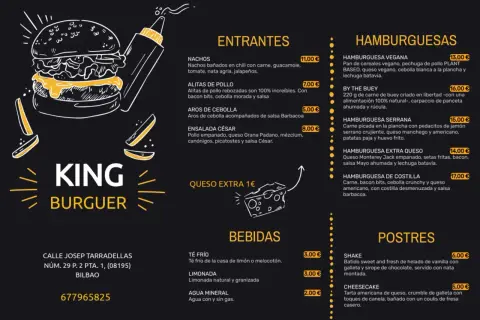 Menú de un restaurante King Burguer con entrantes, hamburguesas, bebidas y postres.