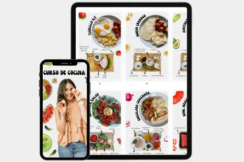 Mujer sonriente muestra huevos, rodeada de imágenes de recetas saludables. ¡Descubre cursos de cocina saludable y aprende a preparar platos deliciosos!