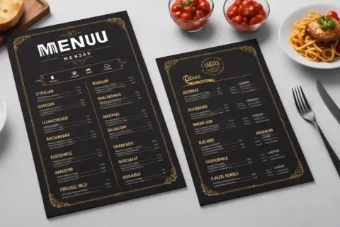 Dos elegantes menús negros con detalles dorados muestran diferentes tipos de menú, junto a un plato de pasta y un huevo frito.
