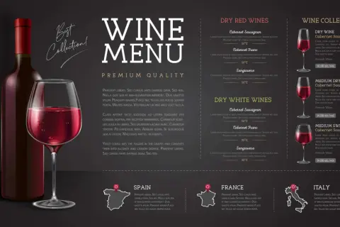 Una carta de vinos moderna con una botella y copa de vino tinto, mostrando variedades y orígenes.