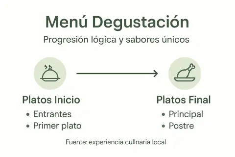 Ilustración de un menú degustación con platos de inicio (entrantes, primer plato) y platos finales (principal, postre), mostrando una progresión lógica.