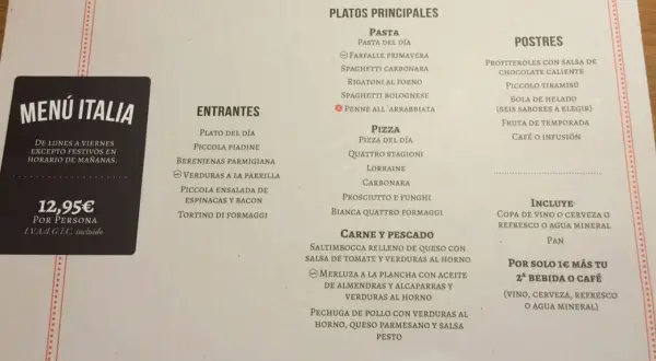 Menú de comida de restaurantes italianos con entrantes, platos principales, postres y bebidas incluidas.