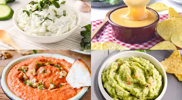 Cuatro dips: tzatziki, queso fundido, muhammara y guacamole. ¡Perfectos para dipear!