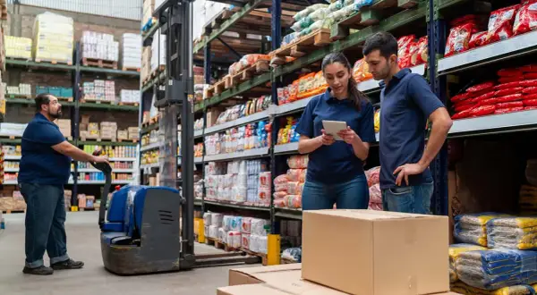 Trabajadores en un almacén revisan inventario en una tablet, gestionando el **cash and carry que es** un modelo de negocio eficiente.